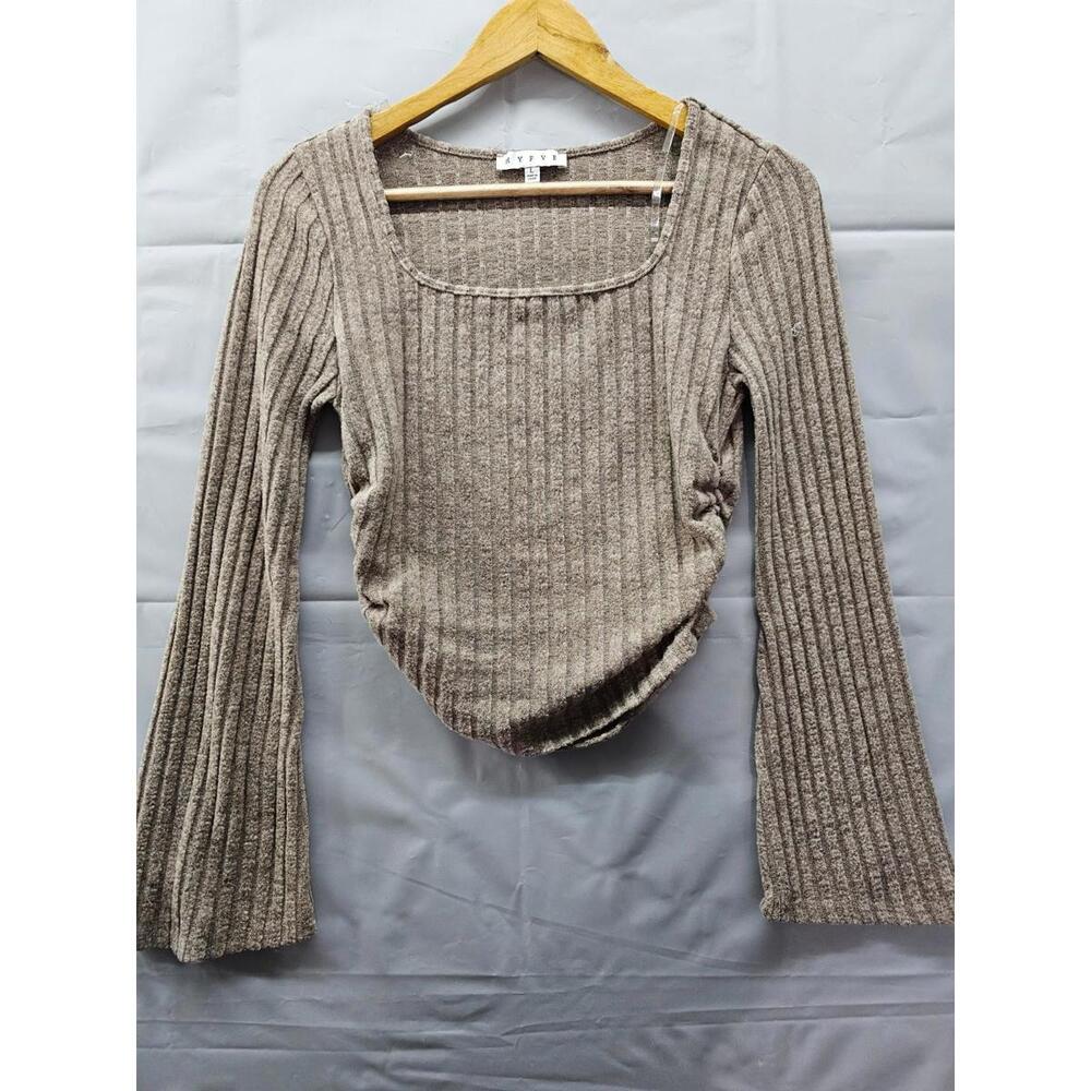 HYFVE Women’s Ribbed Knit Sweater Top Taupe Long Sleeve Ruched Size Large